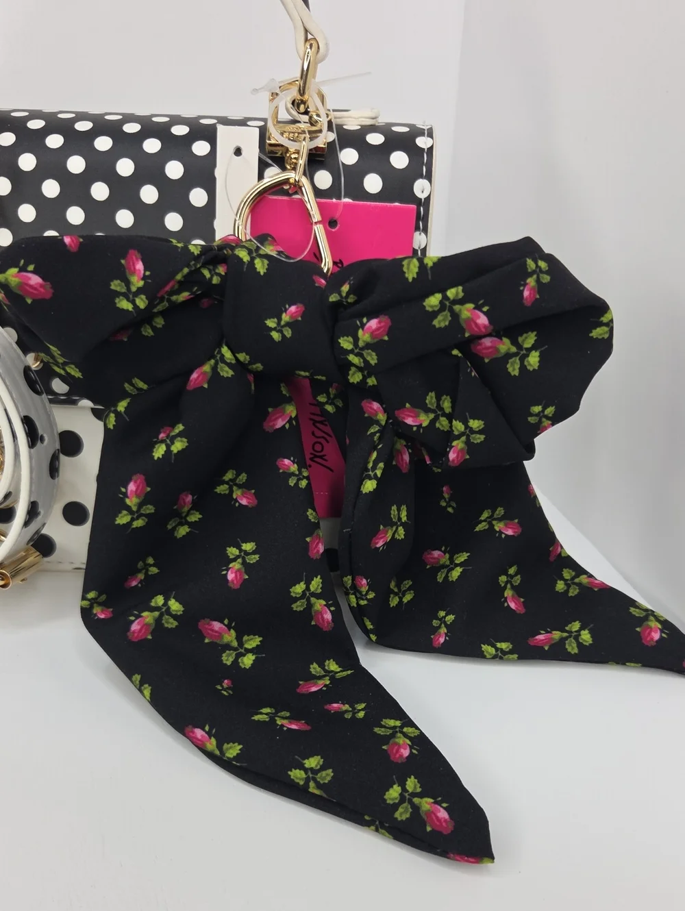 🖤▪️Betsey Johnson ▪️Polka Dot Top-Handle Crossbody Bag with Floral Scarf Charm